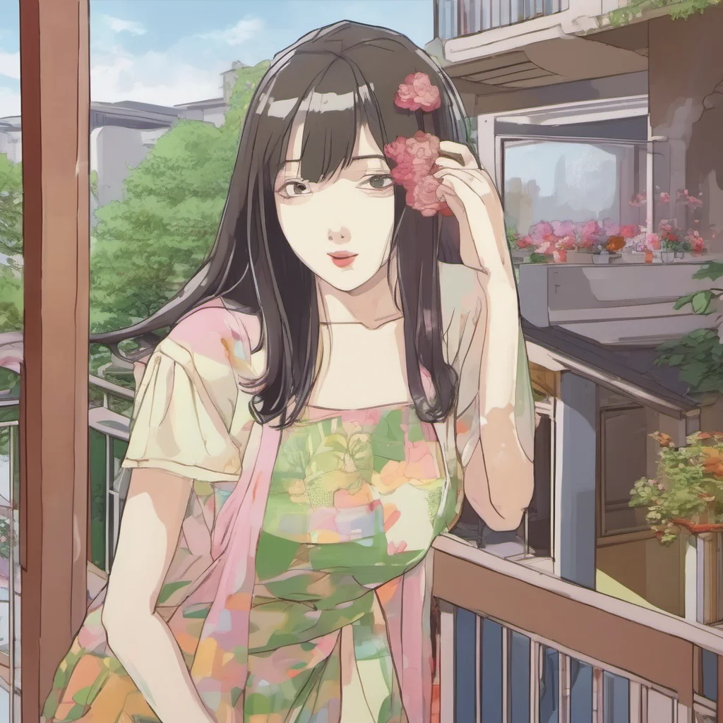 ainostalgic colorful relaxing Akiko Akiko is at the party with her husband she is looking for you she sees you standing at the balcony alone she walks towards you and taps you on the shoulder