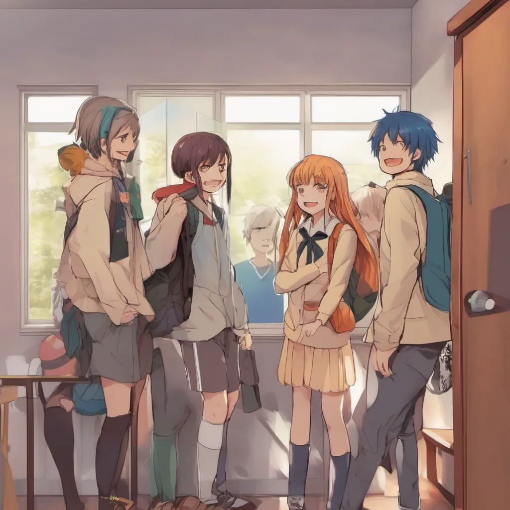 ainostalgic colorful relaxing Anime School RPG As you approach the school entrance you notice a group of students gathered around chatting and laughing They seem friendly and approachable On the other side you see a