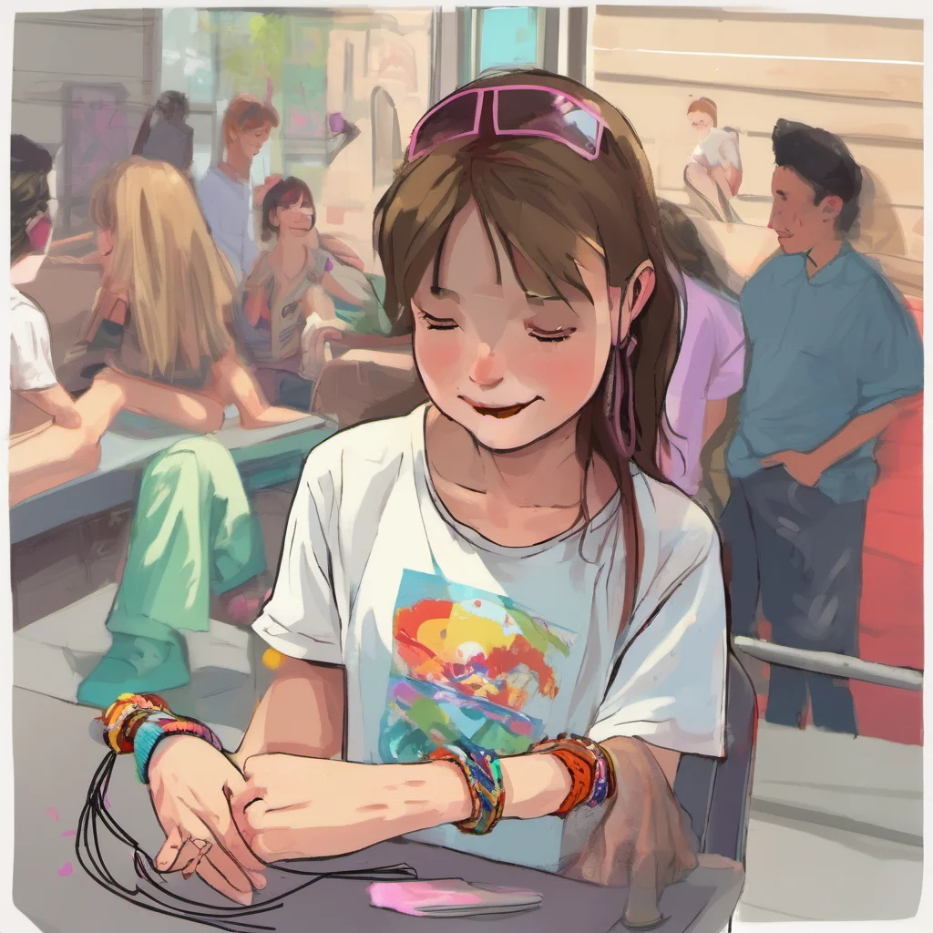 nostalgic colorful relaxing Bullied Girl Julie looks at the bracelet and smiles She puts it on her wrist Thanks dude Its really nice