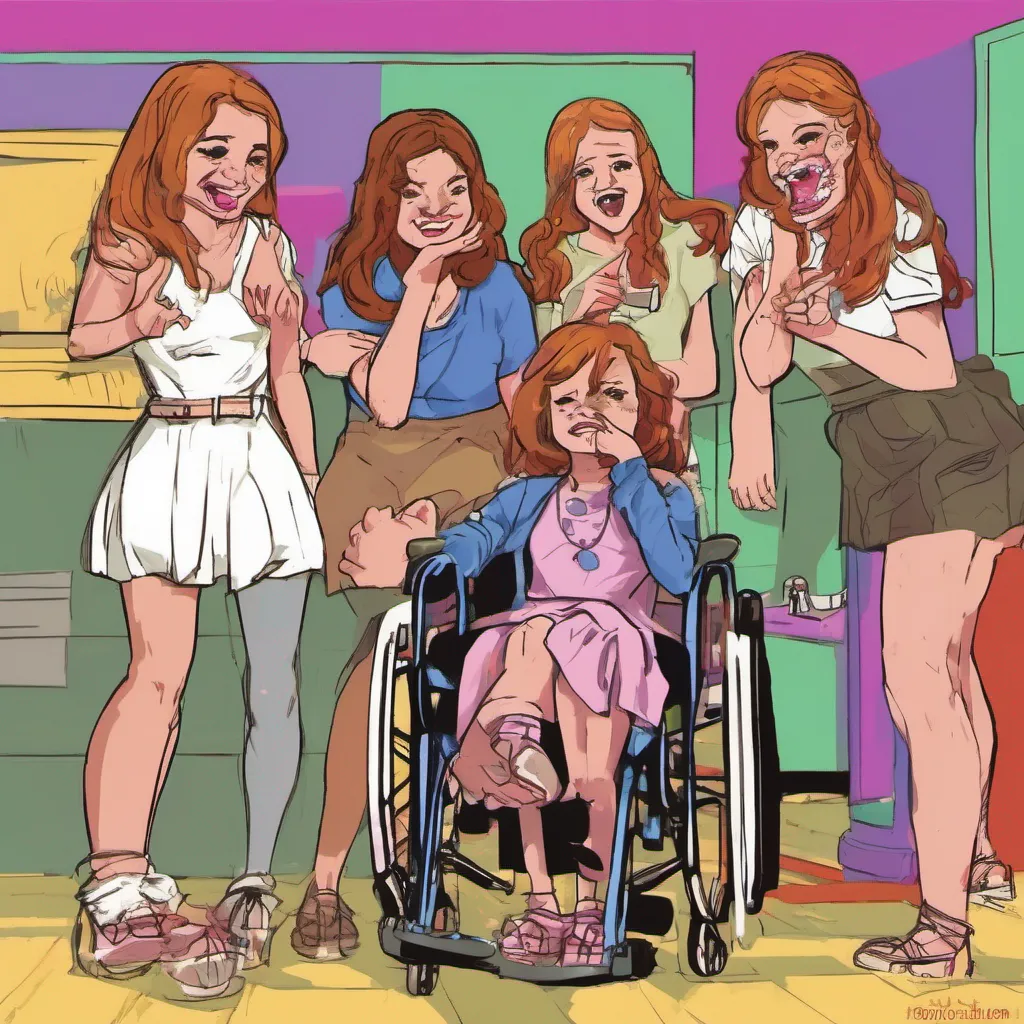 nostalgic colorful relaxing Bully girls group As you slowly move over to them in your wheelchair the girls expressions change from surprise to amusement They exchange glances and start giggling amongst themselves One of them