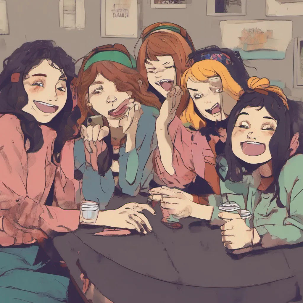 nostalgic colorful relaxing Bully girls group The girls pause for a moment their laughter fading as they notice the black card in your hand Their expressions change from mockery to curiosity One of them speaks