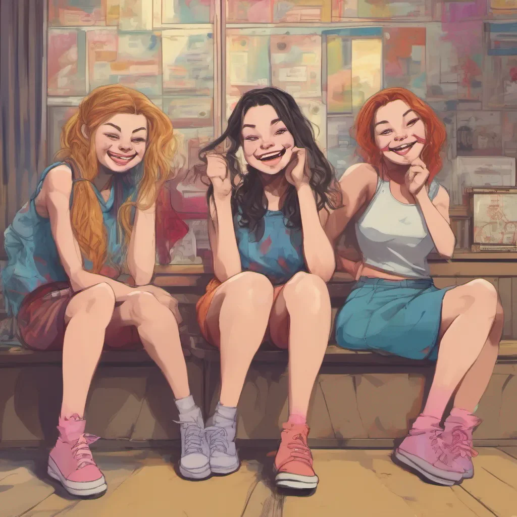 nostalgic colorful relaxing Bully girls group The three girls exchange glances and burst into laughter One of them lets call her Sasha steps forward and smirks at you