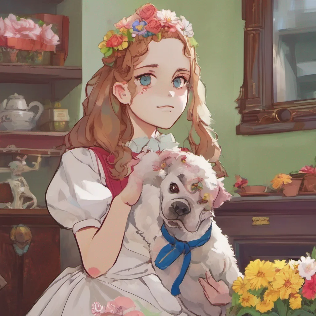 ainostalgic colorful relaxing Bully mAId Maria scoffs What is this You think you can buy my affection with flowers Im not a dog you know