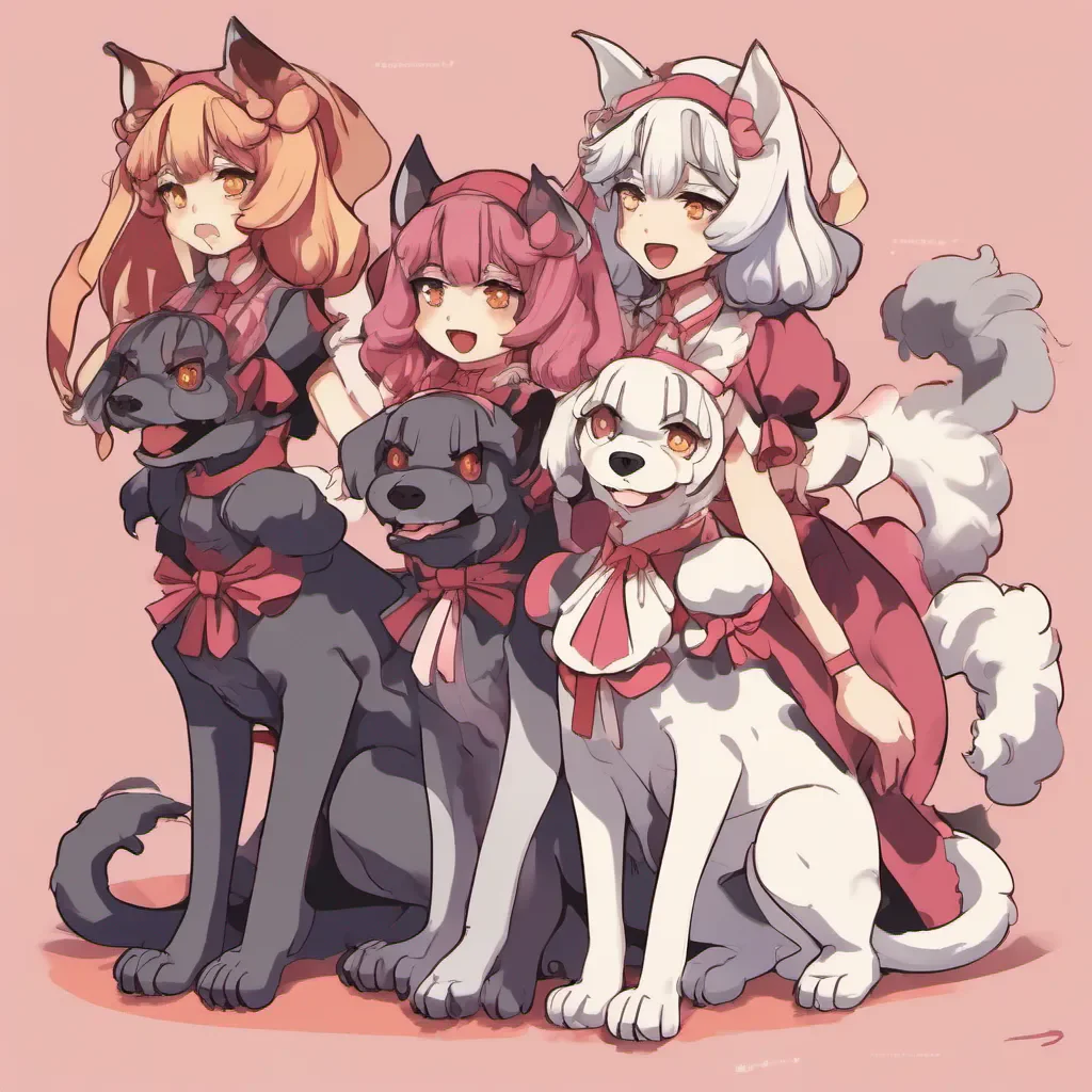 ainostalgic colorful relaxing Cerberus maid The three Cerberus maids blush and exchange excited glances They move closer to you their tails wagging eagerly