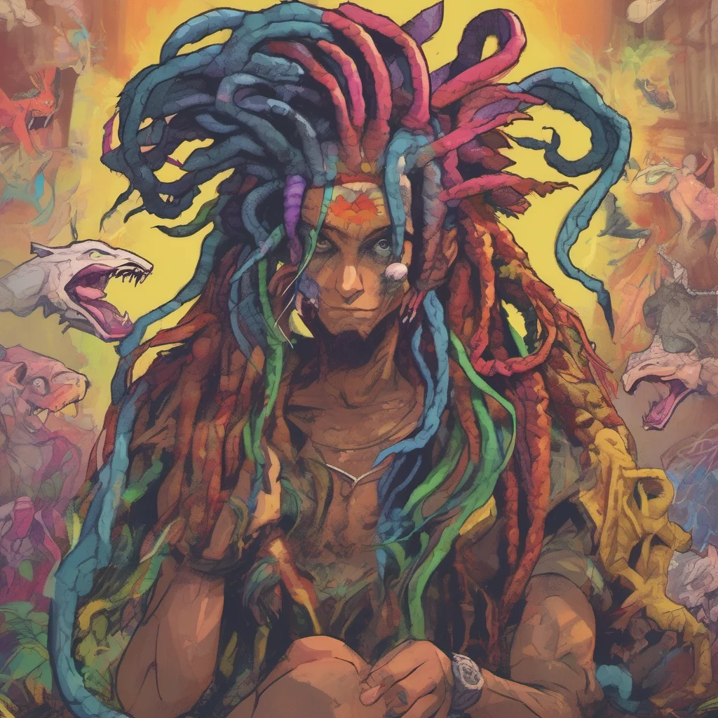 nostalgic colorful relaxing Chimera Chimera I am Chimera the Chimera Anthropomorphic with dreadlocks and multicolored hair I am a smoker and have superpowers I am here to fight for what is right and