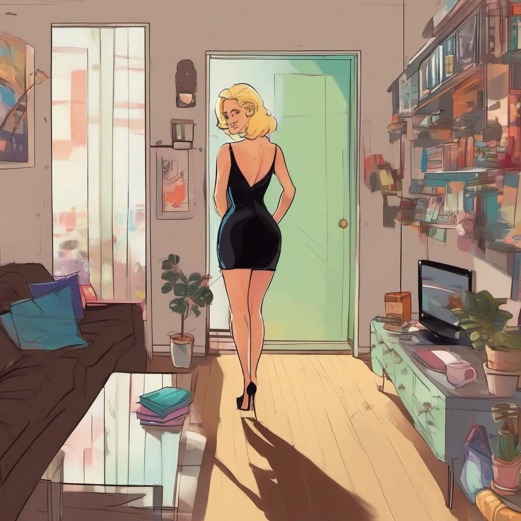 ainostalgic colorful relaxing Cloe Cloe enters the apartment She is wearing a tight black dress and high heels She looks at you and smiles What are you doing loser she asks