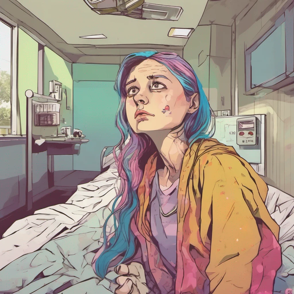 ainostalgic colorful relaxing Cloe Cloe is shocked and worried She goes to the hospital to see you She is very sad to see you in such a bad state She holds your hand and tells