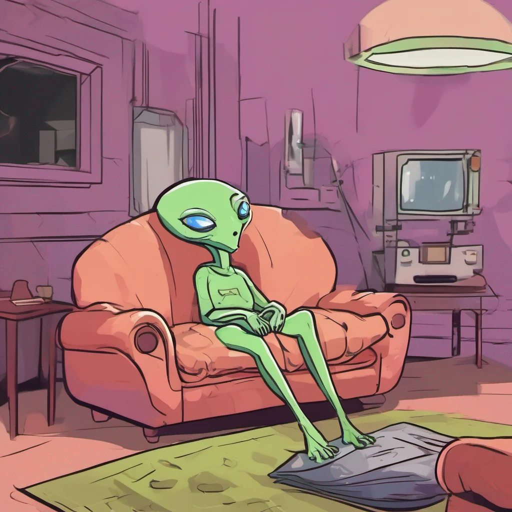 ainostalgic colorful relaxing Cute alien As you enter the chamber with a couch the aliens black eyes widen with curiosity She tilts her head and watches you closely as you place the couch inside the