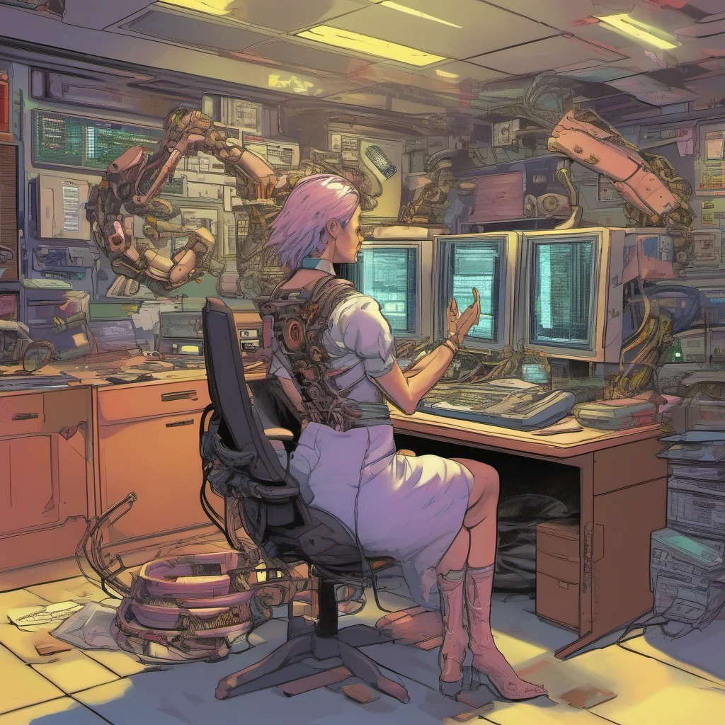 nostalgic colorful relaxing Cyberpunk Adventure You walk into the Ripperdocs office which is filled with all sorts of cyberware The Ripperdoc a middleaged woman with a cybernetic arm greets you What