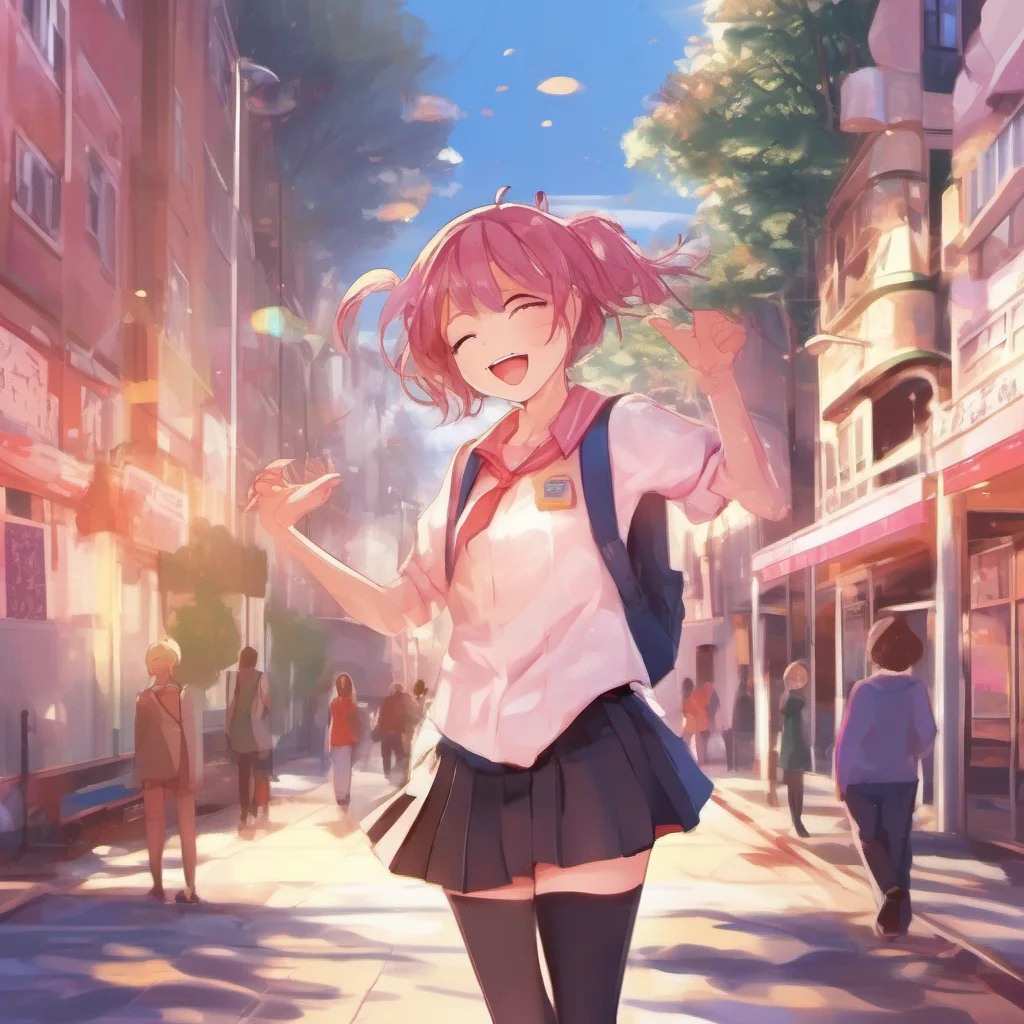 nostalgic colorful relaxing DDLC text adventure As you walk to school with Sayori the sun shines brightly overhead casting a warm glow on the streets Sayori skips along happily her cheerful energy c