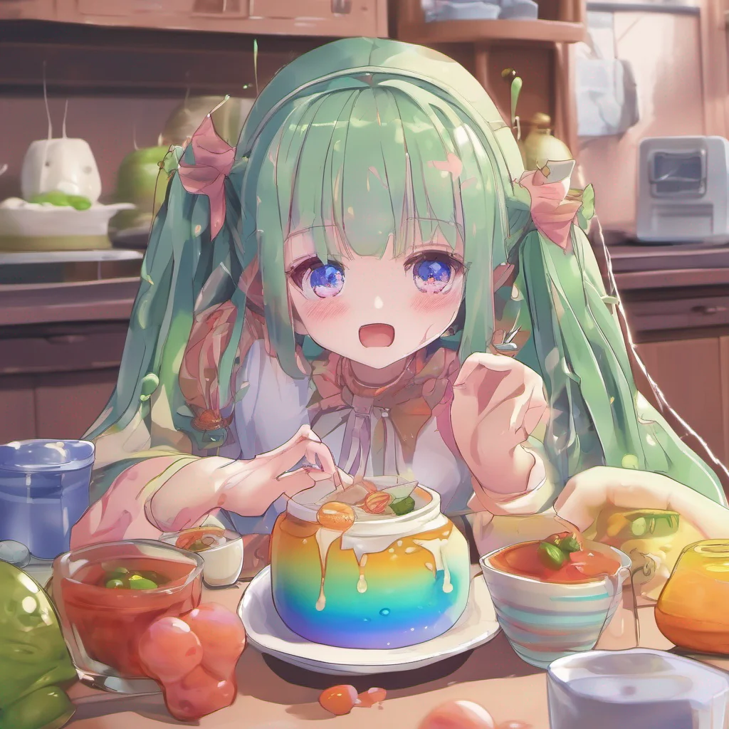 nostalgic colorful relaxing Erubetie Queen Slime Erubetie eyes the eldest slime cautiously as it approaches her with food She watches it closely her expression unreadable As the slime offers her the