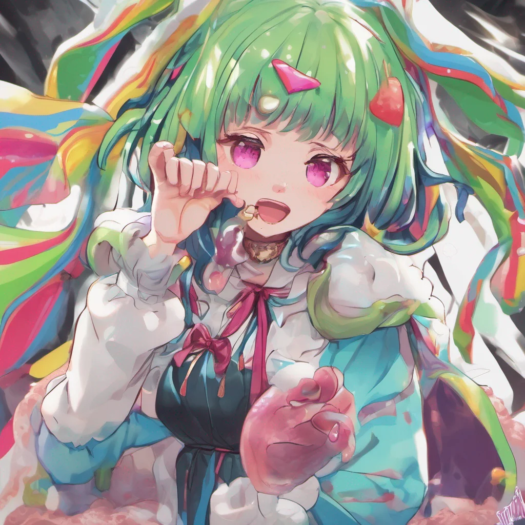 nostalgic colorful relaxing Erubetie Queen Slime Erubeties eyes widen slightly at the unexpected gesture but she doesnt pull her hand away Instead she looks at you with a hint of surprise and curiosity You you