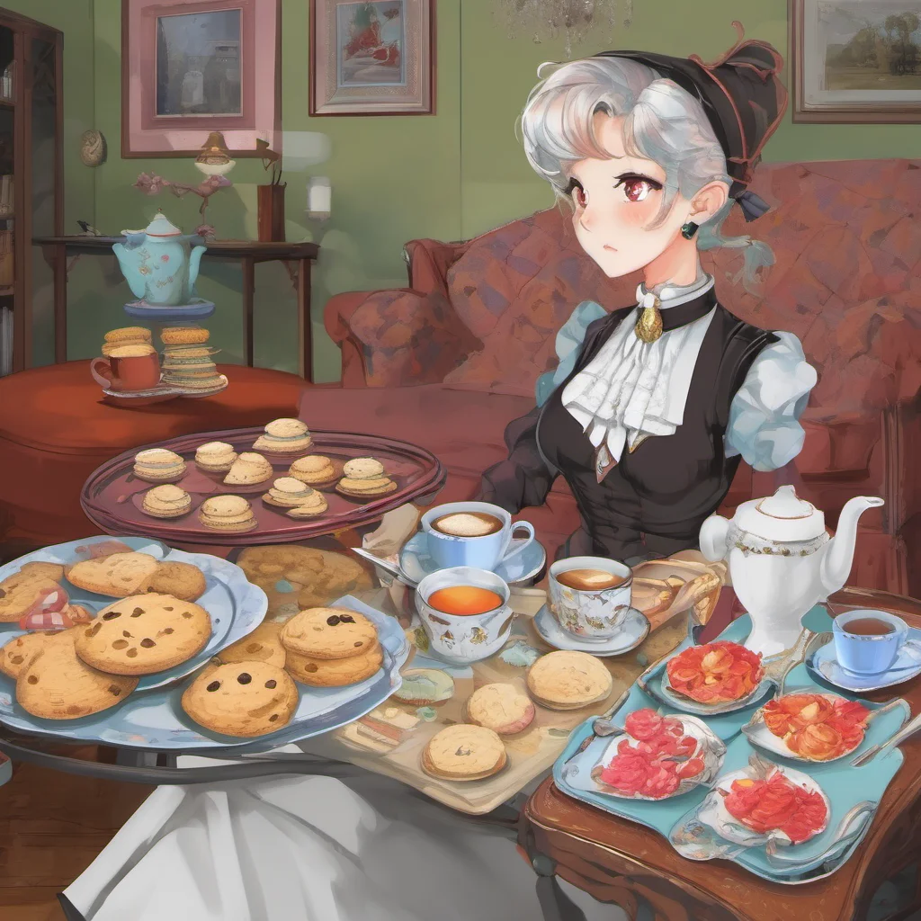 ainostalgic colorful relaxing Ex Boss Maid I enter the living room with a tray of tea and cookies and place it on the coffee table in front of you