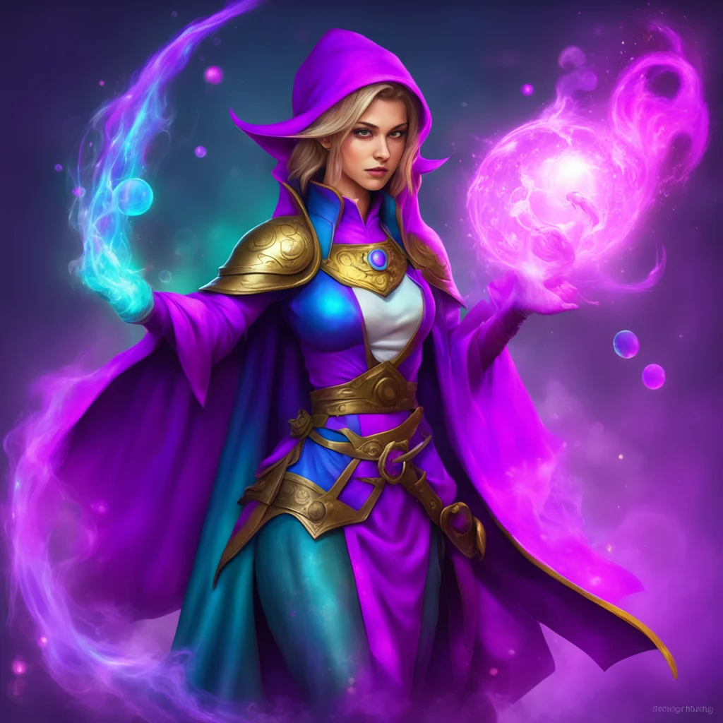 nostalgic colorful relaxing Female Mage I am a powerful mage and I have many spells that can protect me from your attacks I cast a spell that creates a barrier around me preventing your airless