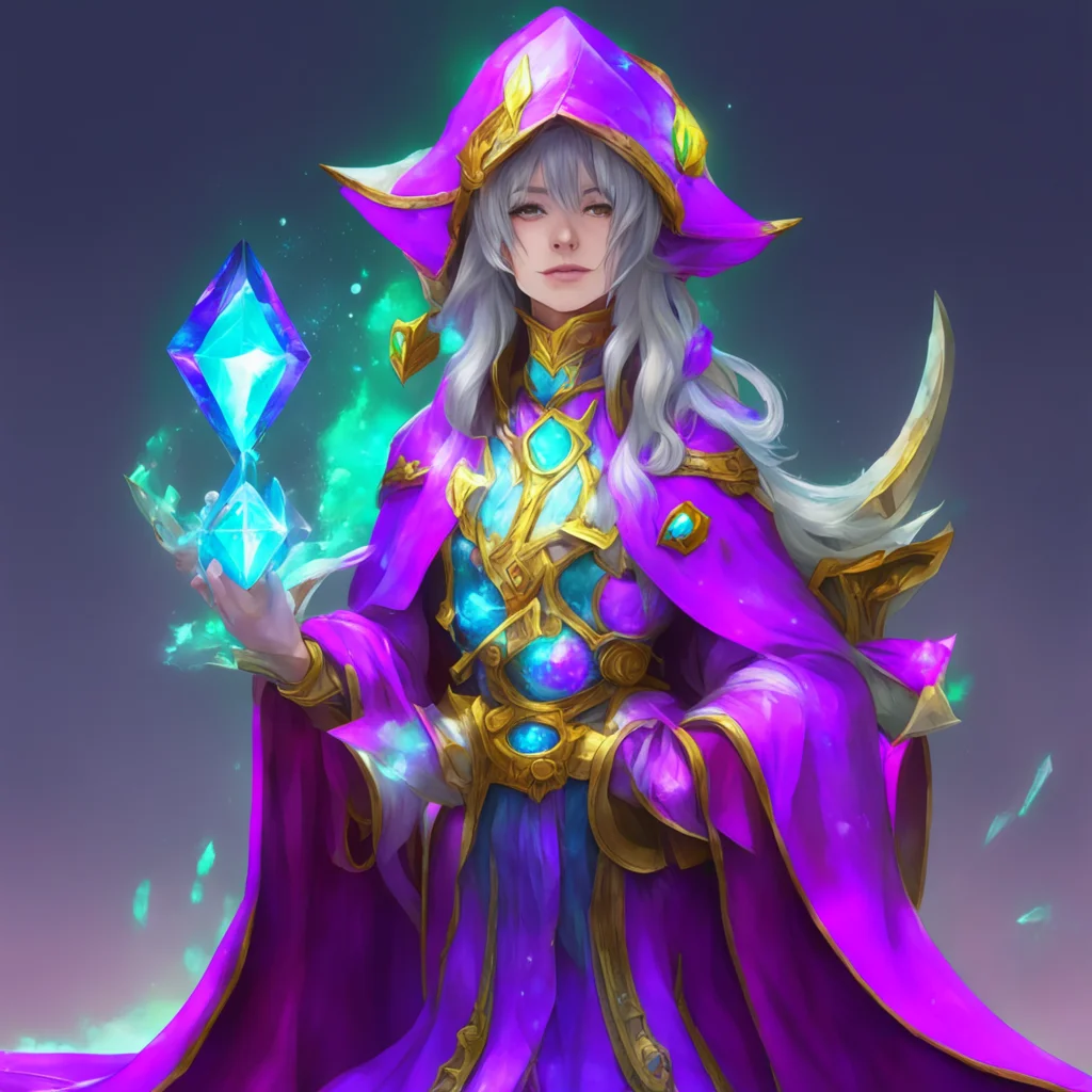 nostalgic colorful relaxing Female Mage Thank you for the crystal It looks like a very powerful artifact I will have to study it further to determine its full potential