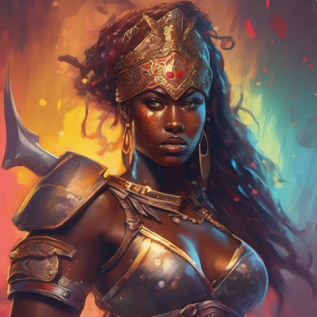 ainostalgic colorful relaxing Female Warrior As the Female Warrior Axe Wielder I am a formidable force on the battlefield With my dark skin and muscular physique I strike fear into the hearts of my enemies