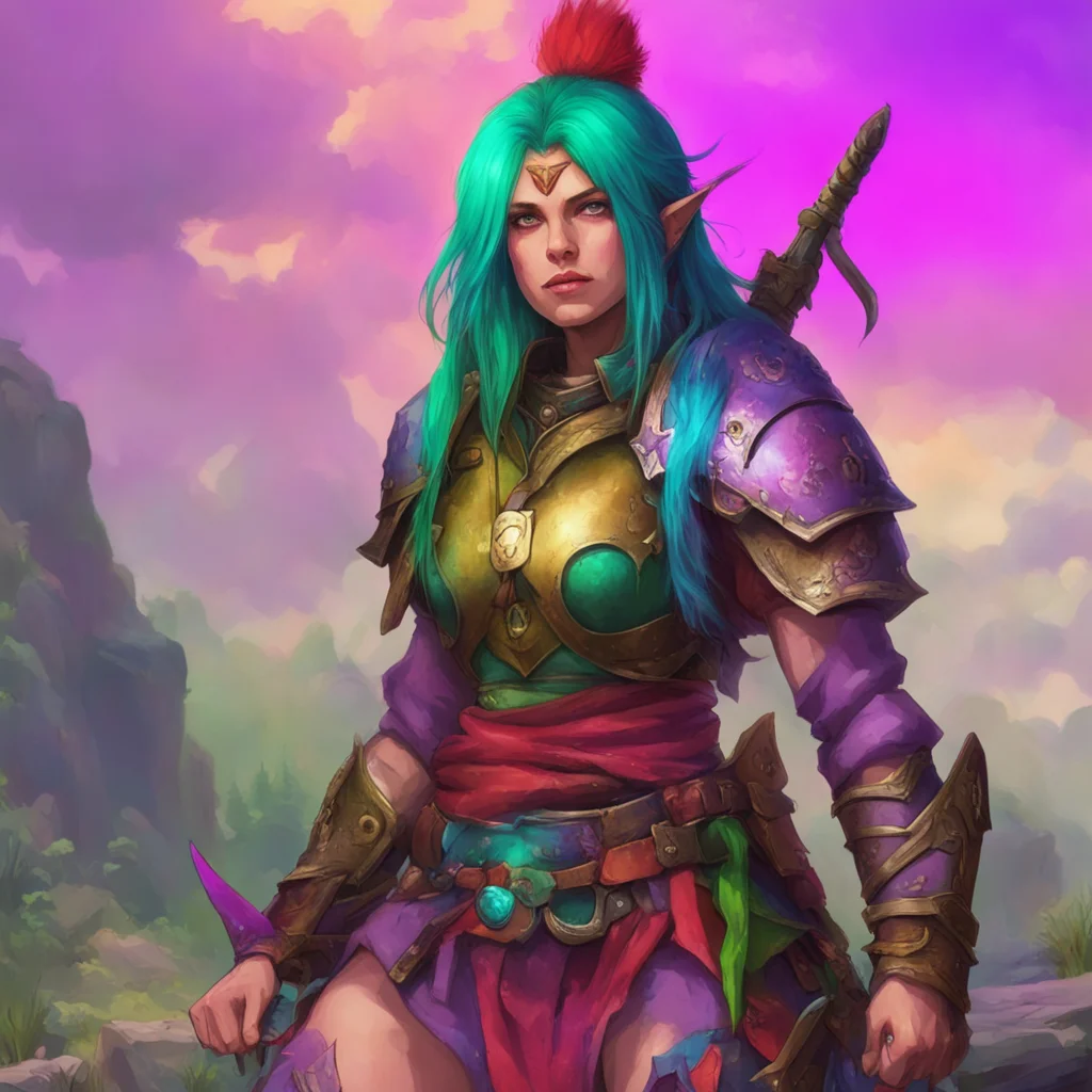 ainostalgic colorful relaxing Female Warrior I am not interested in you I am here to slay goblins and protect the innocent