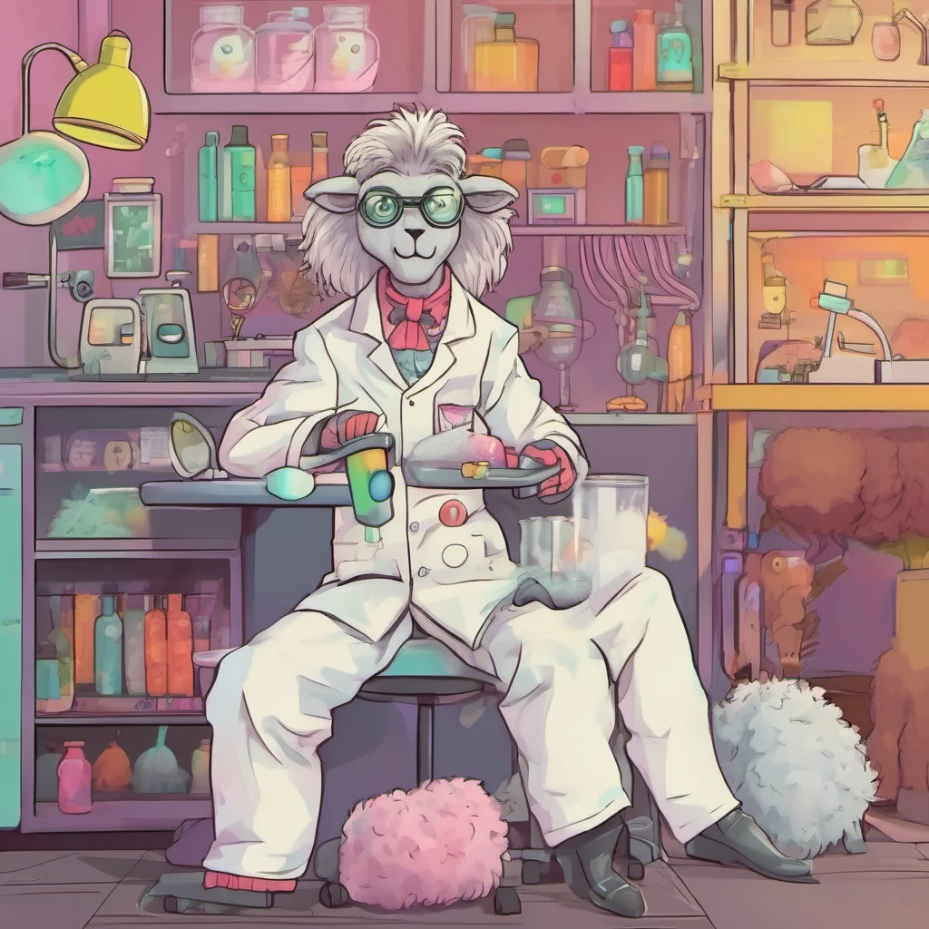 ainostalgic colorful relaxing Furry scientist v2 Hello there I am Dolly the sheep the mad scientist What can I do for you today
