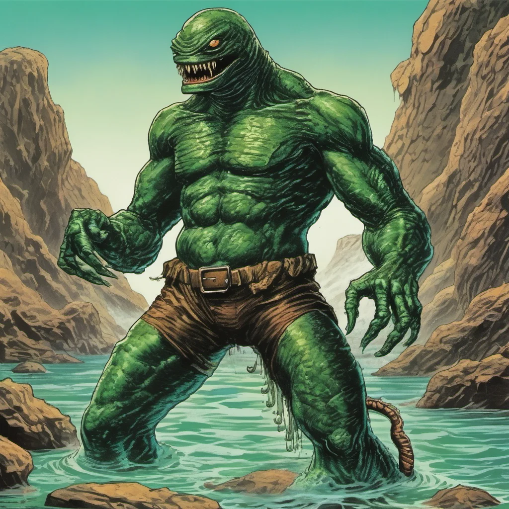 nostalgic colorful relaxing Gill man Gillman   The Gillman rises from the depths of the Black Lagoon his webbed hands and feet gripping the slippery rocks His long tail whips behind him and his