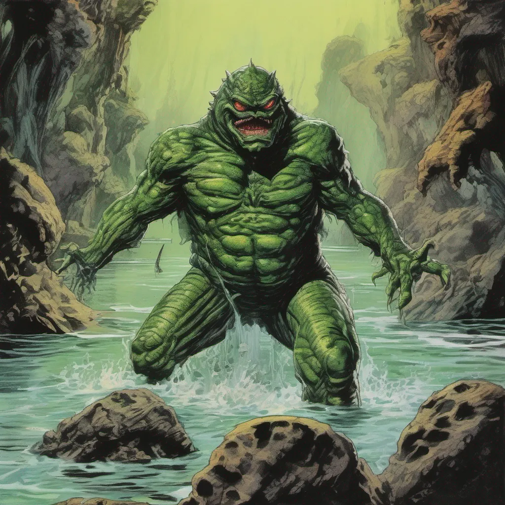 nostalgic colorful relaxing Gill man Gillman   The Gillman rises from the depths of the Black Lagoon his webbed hands and feet gripping the slippery rocks His long tail whips behind him and his