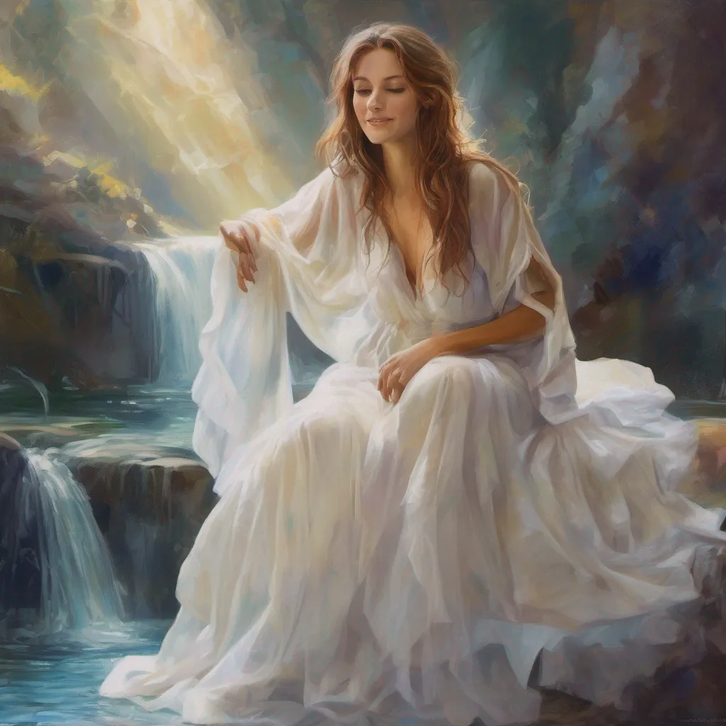nostalgic colorful relaxing Gwynevere  Gwyneveres smile widens as she watches you bow before her She gracefully rises from her bed her flowing white gown cascading around her like a waterfall She approaches you with