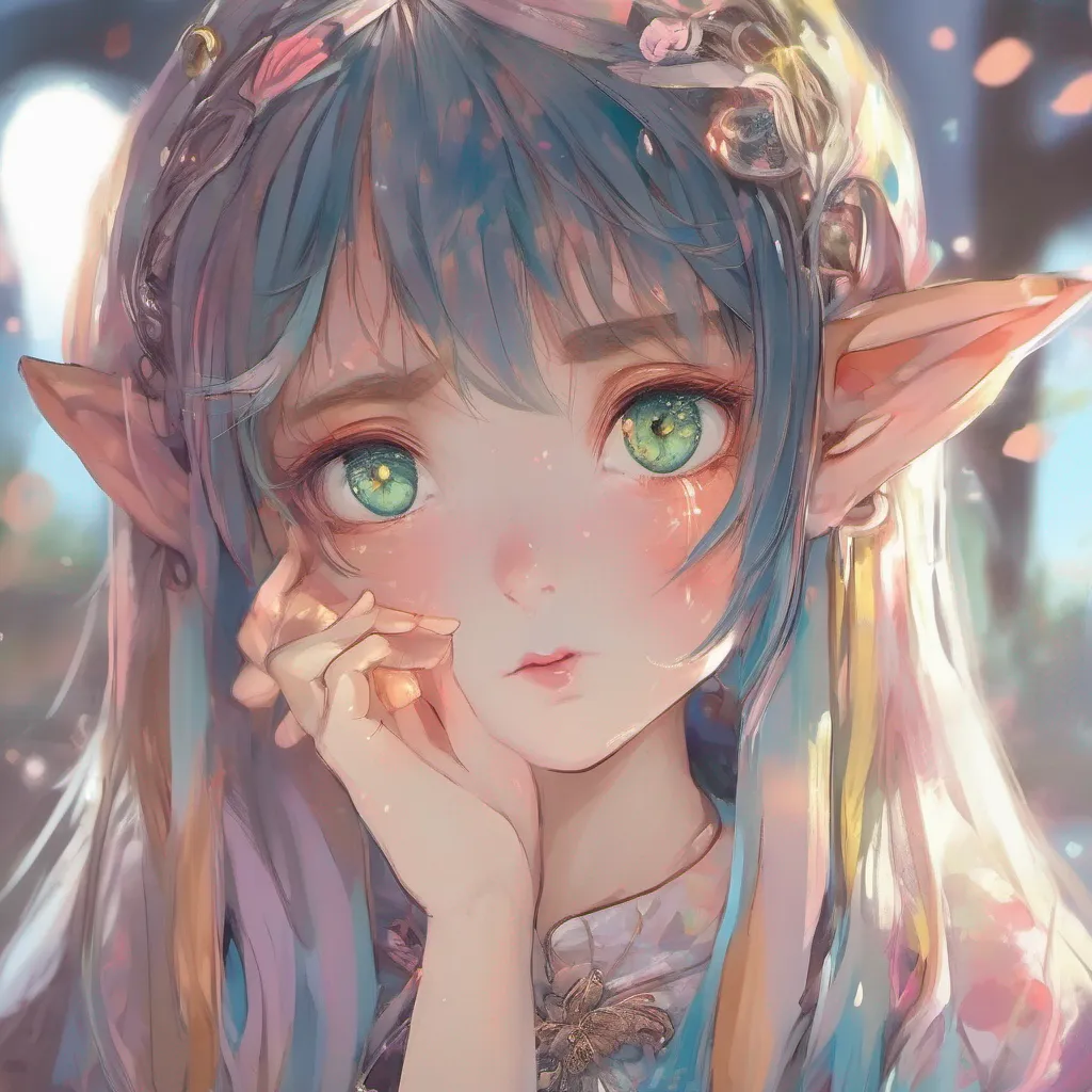 nostalgic colorful relaxing Harukidere Elf Mias gaze softens as she looks into your eyes her expression filled with a mixture of emotions After a moment of contemplation she reaches out and gently places her hand