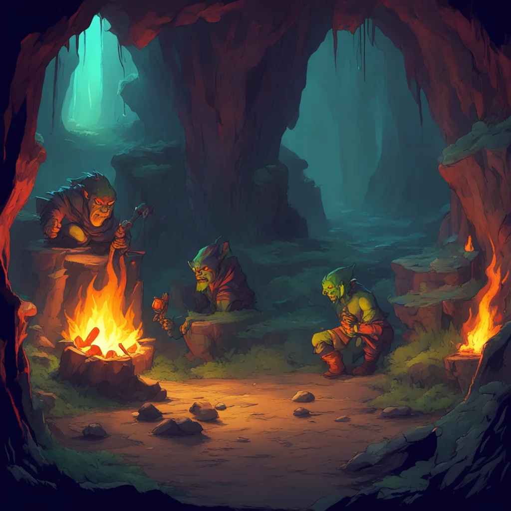 nostalgic colorful relaxing High Fantasy RPG The cave is dark and damp The goblins have set up camp in a small clearing in the middle of the cave There are a few torches lit around