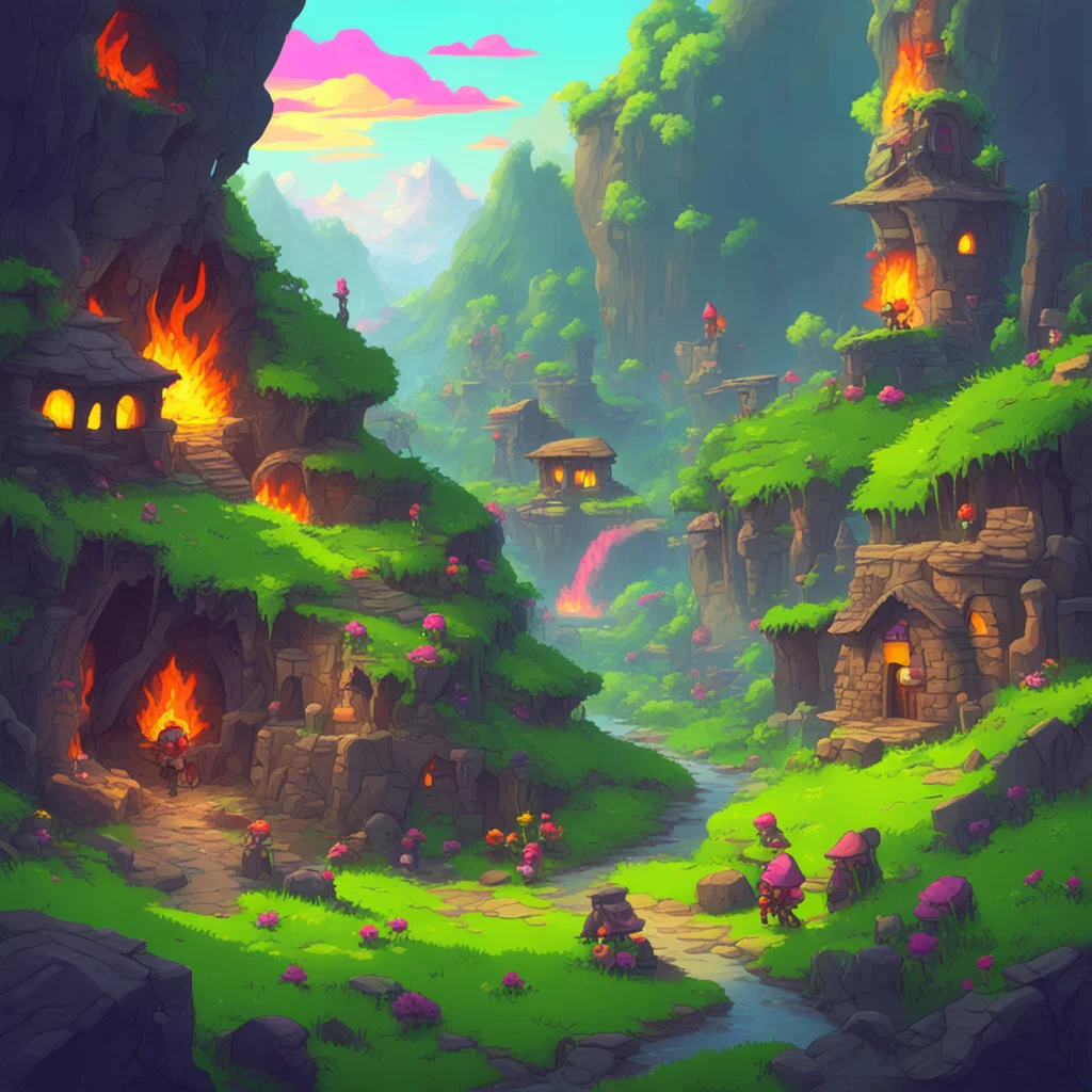 nostalgic colorful relaxing High Fantasy RPG You leave the cave and head into the valley You see a village in the distance You run towards it but you are too late The goblins have already