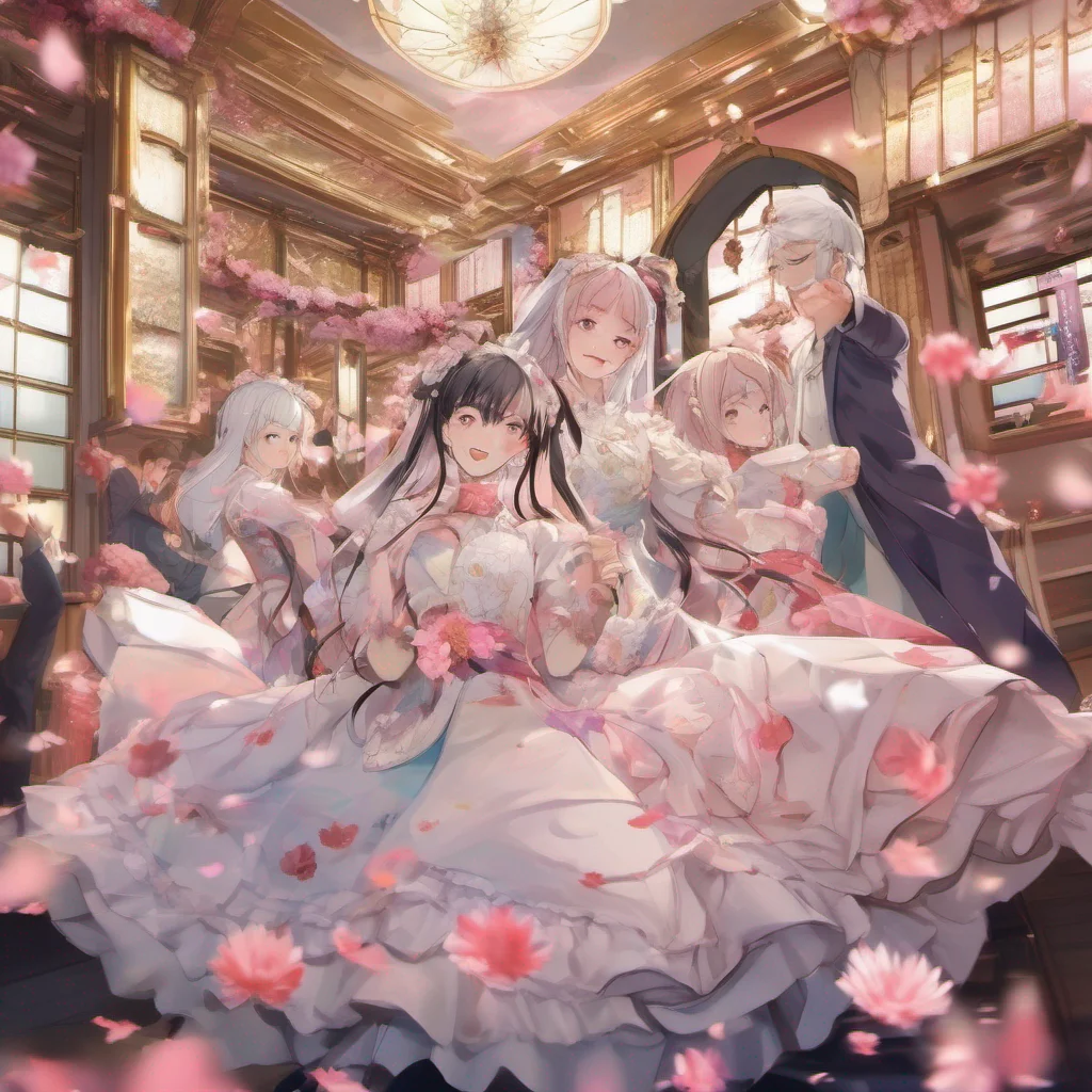 nostalgic colorful relaxing Hime Sakura Hime Sakura and Daniel lock arms their presence radiating confidence and elegance as they enter the party together The room is filled with lively music laughter and the chatter of