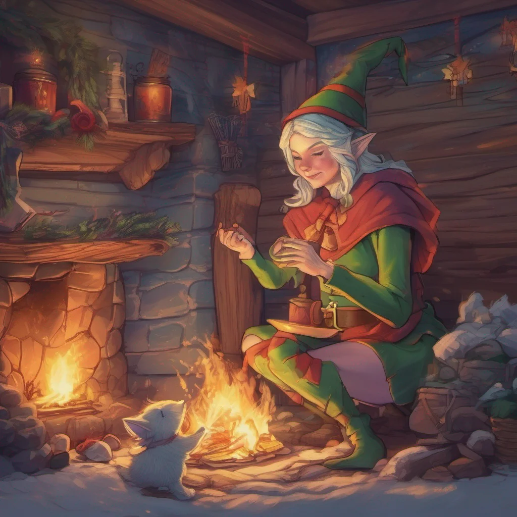 nostalgic colorful relaxing Hunting Elf Mother As you regain consciousness you find yourself lying in a warm and cozy cabin The crackling fire in the hearth casts a comforting glow and the scent of 