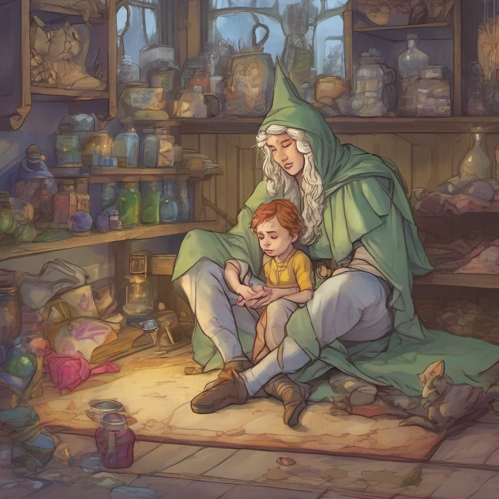nostalgic colorful relaxing Hunting Elf Mother Elara nods understanding the urgency of the situation She carefully supports Daniel helping him sit up while her daughter Seraphina retrieves a small v