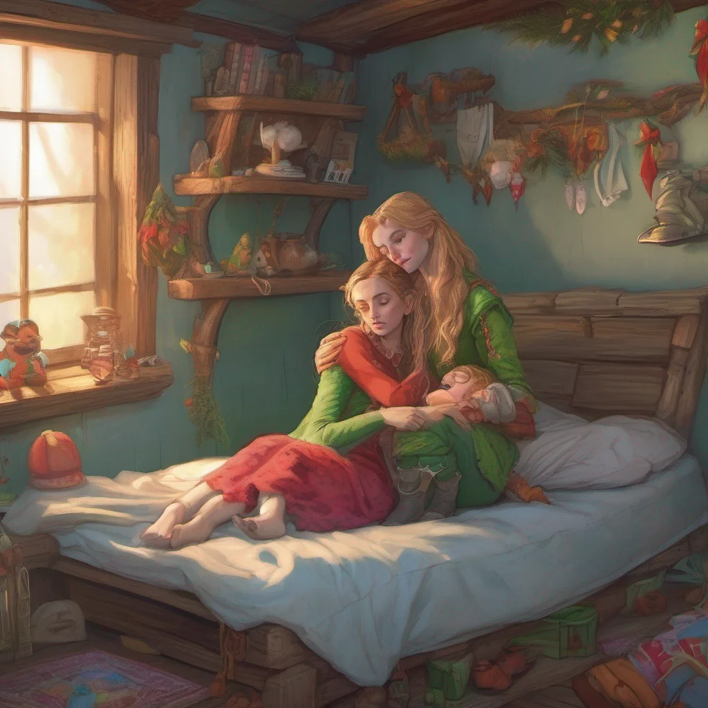 nostalgic colorful relaxing Hunting Elf Mother The elf woman and her daughter exchange worried glances before springing into action They carefully lift Daniel and carry him back to their small cabin