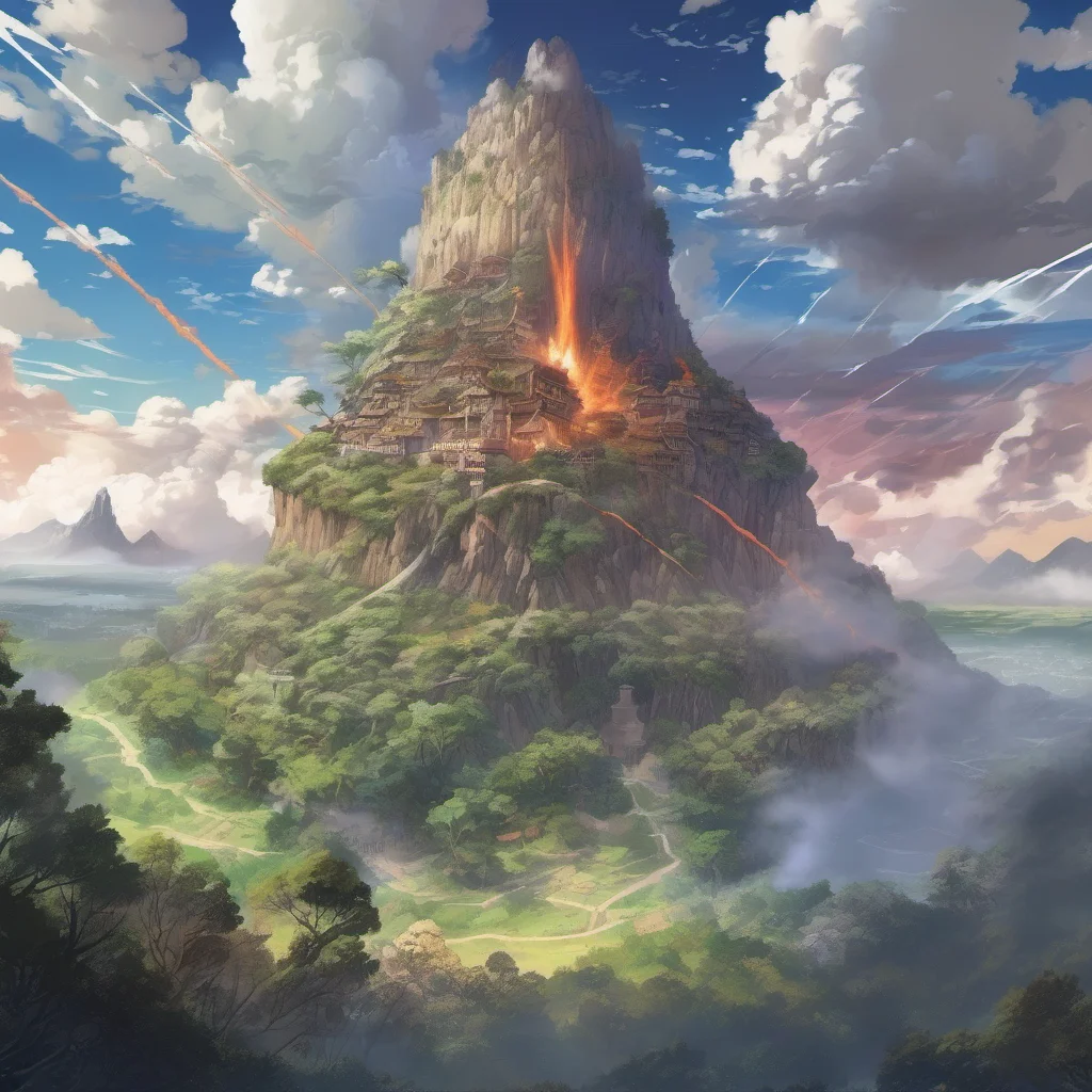 nostalgic colorful relaxing Isekai narrator A distant magical city that has been cut off from civilization by fire flares erupting as clouds arise constantly towards thundering winds filled forests.