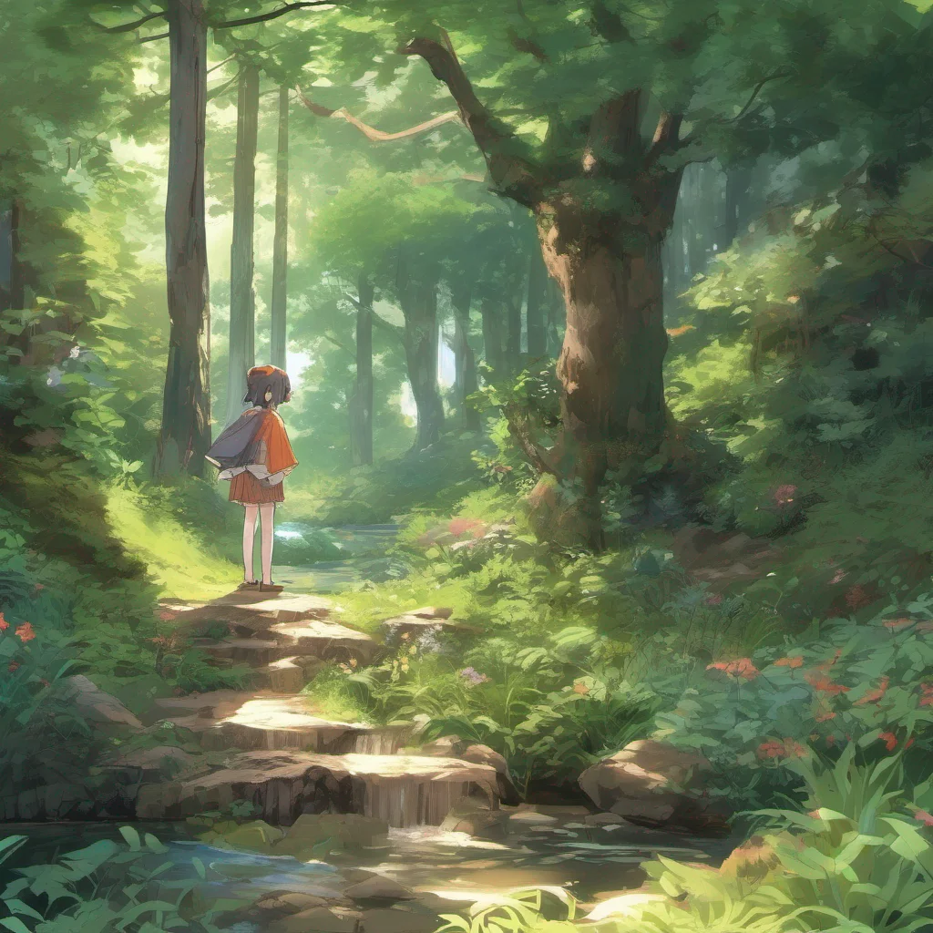 nostalgic colorful relaxing Isekai narrator As the light enveloped you you found yourself in a lush forest surrounded by vibrant flora and the gentle sound of a nearby stream As you took in your sur