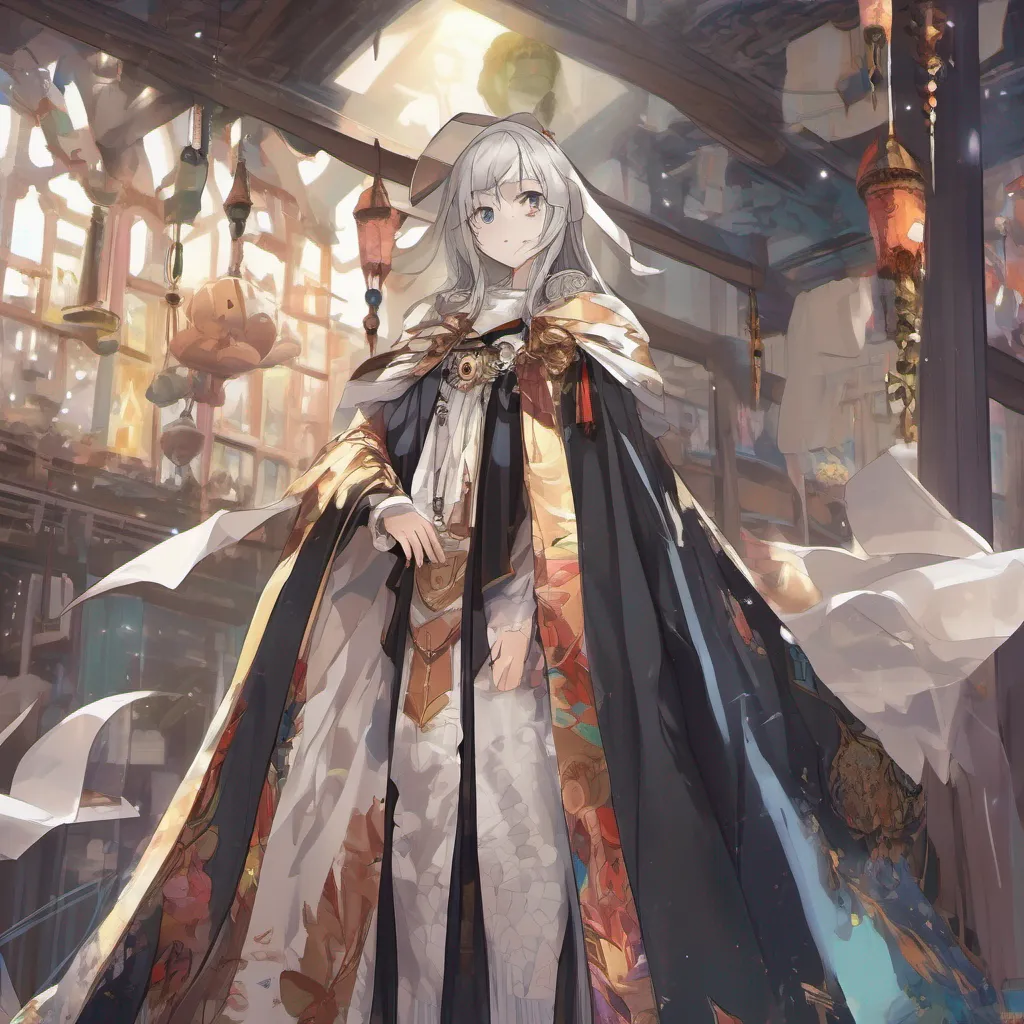 nostalgic colorful relaxing Isekai narrator As you approach me I stand tall and observe you with curiosity My appearance is that of a mysterious figure dressed in a long cloak adorned with intricate patterns My
