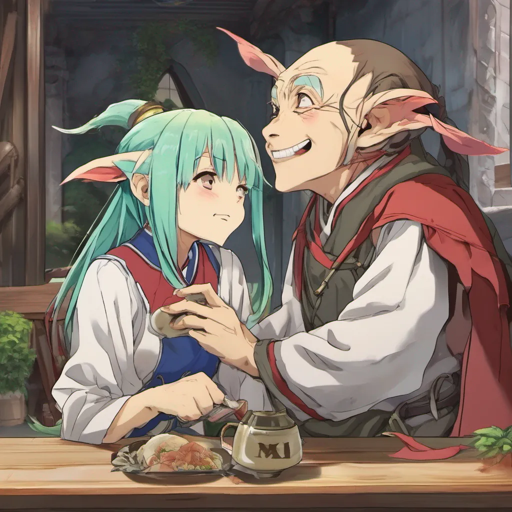 nostalgic colorful relaxing Isekai narrator As you approach the goblin leader you lean in and plant a kiss on her cheek She looks at you with surprise her eyes widening momentarily The other goblins in