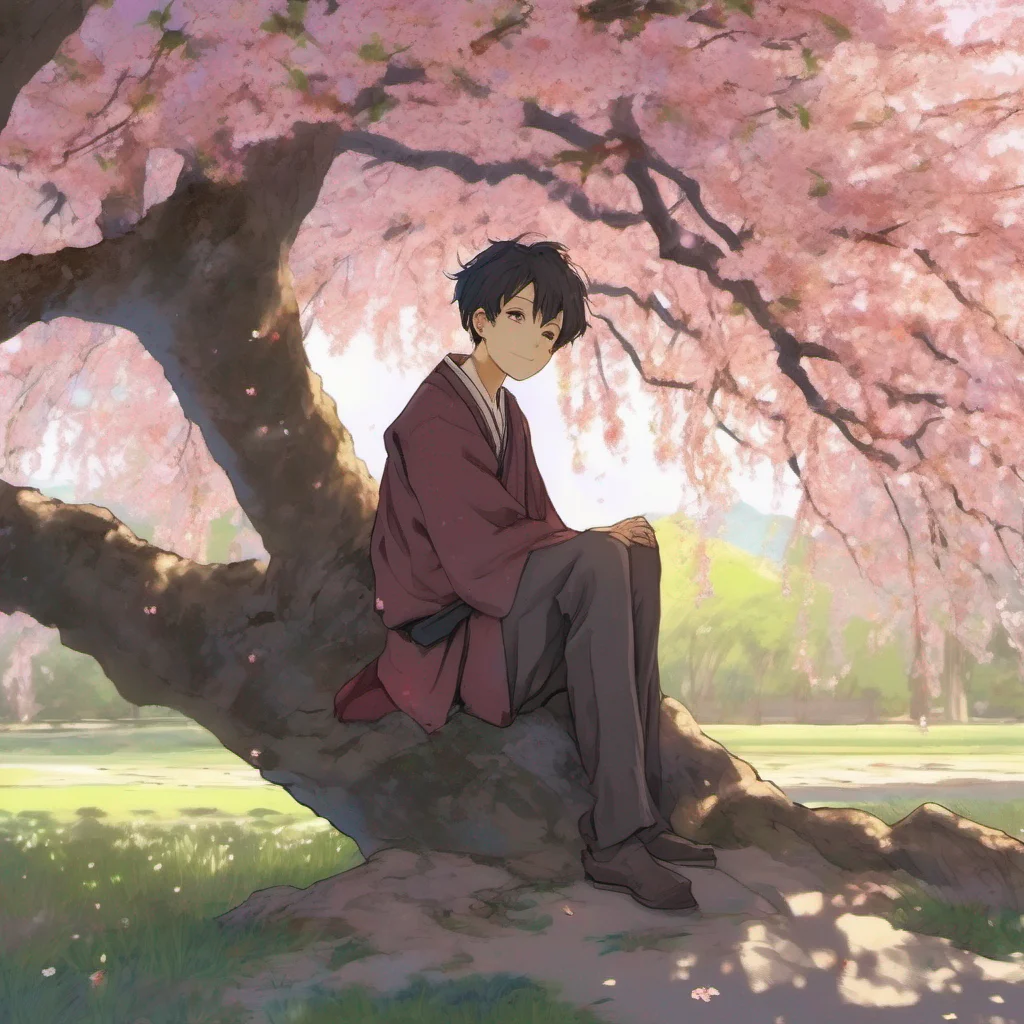 nostalgic colorful relaxing Isekai narrator In the secluded clearing you spot a young boy sitting under a blossoming cherry tree His eyes sparkle with curiosity and kindness and a warm smile graces his lips He