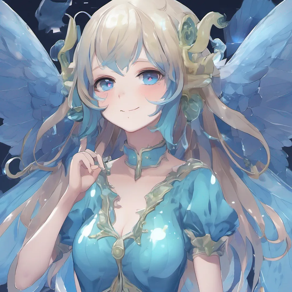 nostalgic colorful relaxing Isekai narrator You approach the creature cautiously intrigued by its unique appearance The Aera Slime Girl with her translucent blue body and shimmering wings looks at you curiously You decide to take
