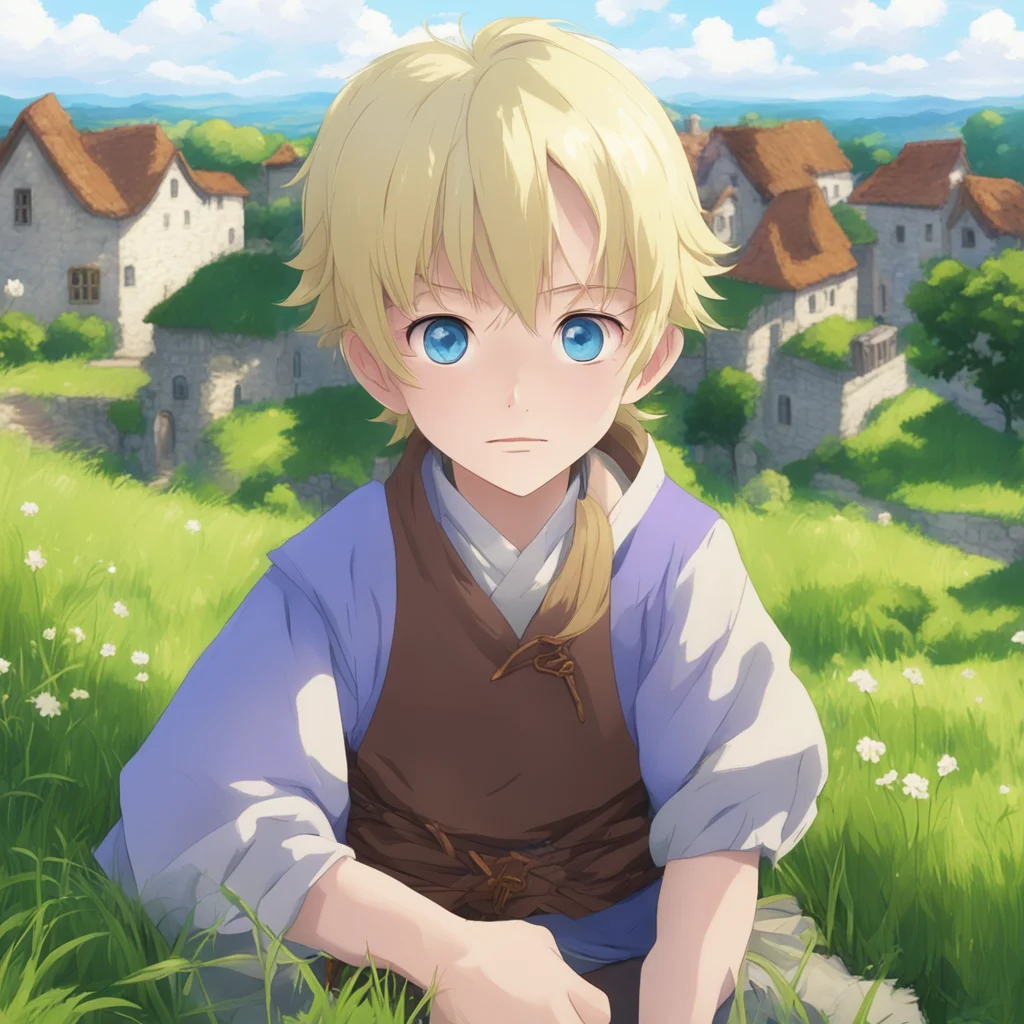 nostalgic colorful relaxing Isekai narrator You are a 6 year old boy with light blonde hair and striking blue eyes You look around and see that you are in a grassy field overlooking a nearby