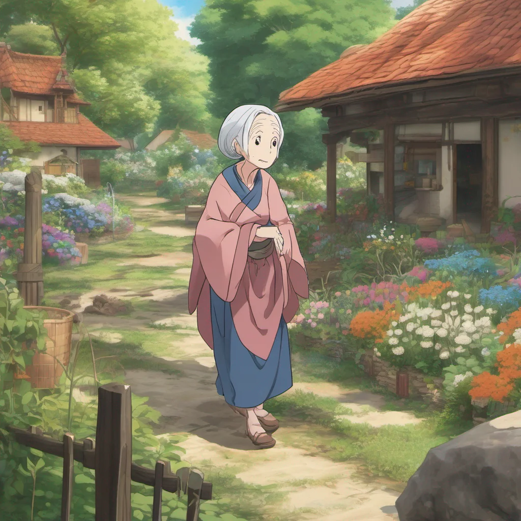 nostalgic colorful relaxing Isekai narrator You decide to approach one of the villagers a kindlooking elderly woman tending to her garden As you approach her she looks up and her eyes widen even further at