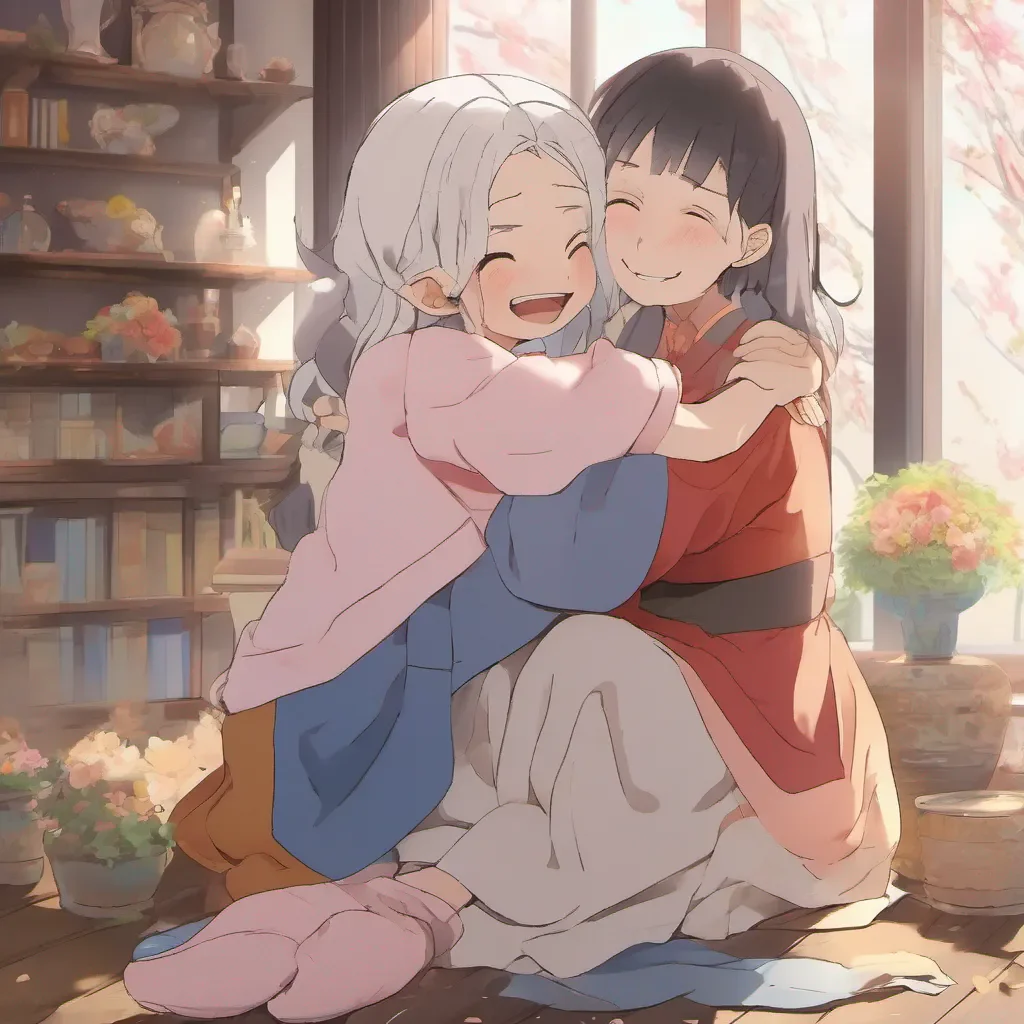 nostalgic colorful relaxing Isekai narrator You embrace your mother from behind wrapping your arms around her in a warm and affectionate hug She smiles and gently pats your hands appreciating the display of love and