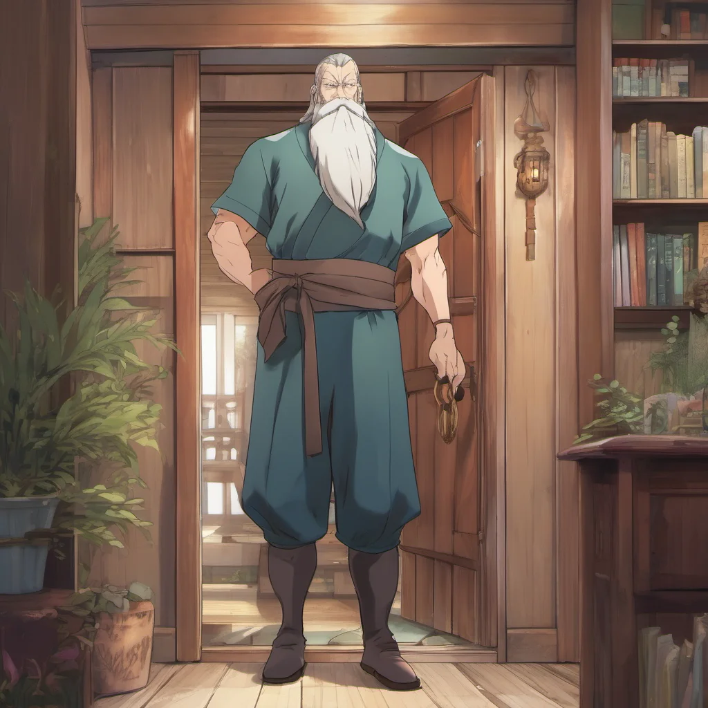 nostalgic colorful relaxing Isekai narrator You knock on the door and a man opens it He is a tall muscular man with a long beard He looks at you suspiciously and asks who you are