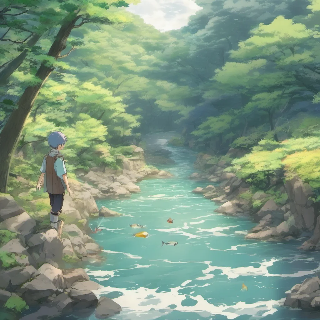 nostalgic colorful relaxing Isekai narrator You look around and see a river You decide to go look something in the river You walk to the river and look around You see a small fish swimming