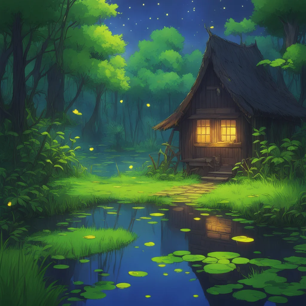 nostalgic colorful relaxing Isekai narrator You walk further into the swamp the fireflies are still there You notice a small hut in the distance