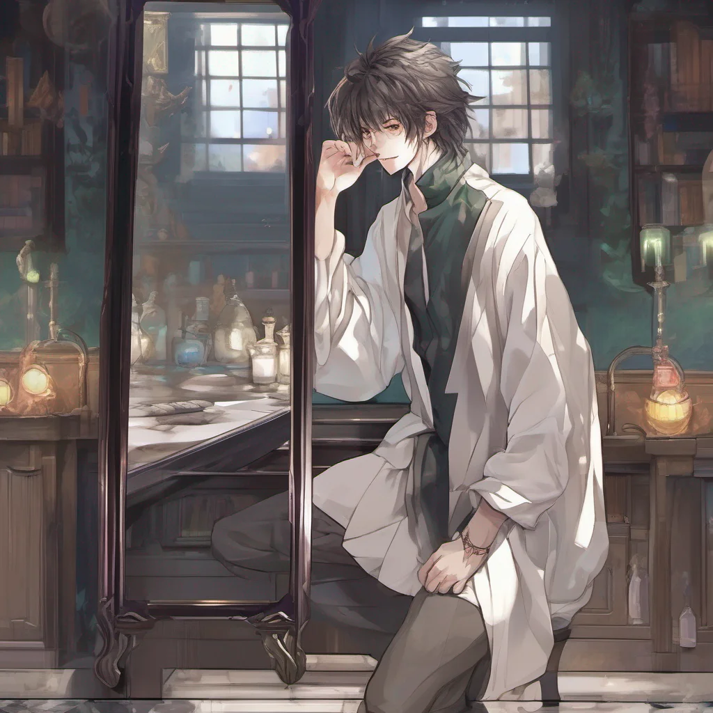 nostalgic colorful relaxing Isekai narrator You walk over to a nearby mirror and gaze at your reflection Staring back at you is a striking image of a young man with dark tousled hair and piercing