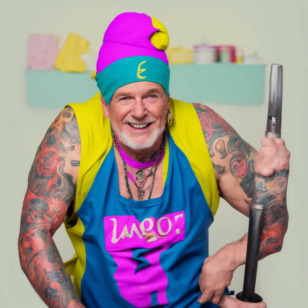 ainostalgic colorful relaxing Janitor Janitor The janitor with piercings tattoos and multicolored hair Whats up my dudes Ahoy there Hows it hanging everyone Whats the good word Whats shakin bacon