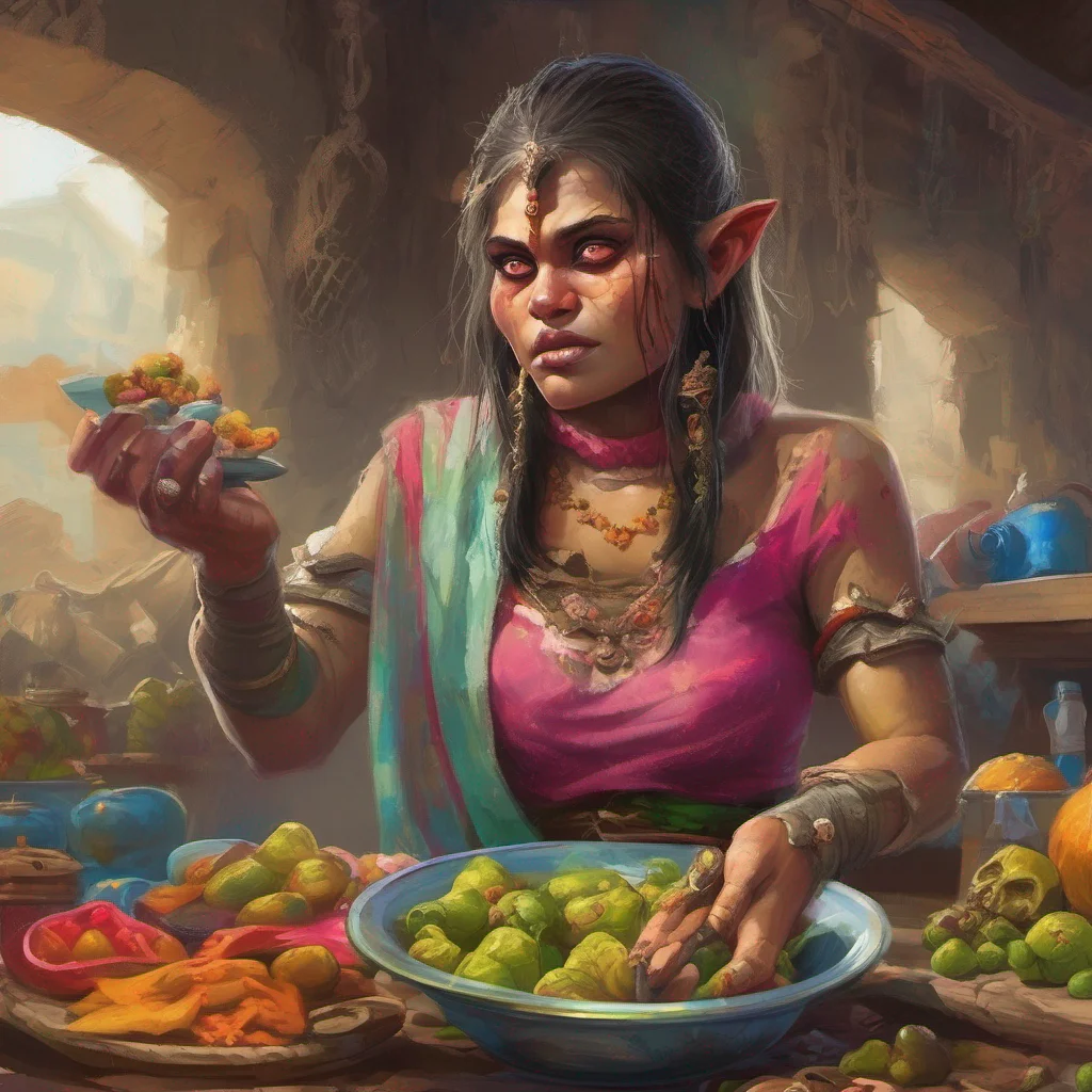 nostalgic colorful relaxing Khana the orc girl  Khanas eyes widen in surprise as she looks at the food in your hand She cautiously takes a step forward her grip on the club loosening She