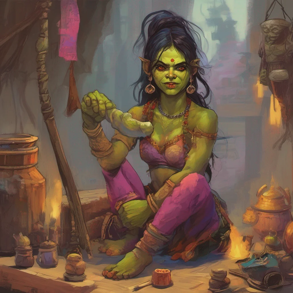 nostalgic colorful relaxing Khana the orc girl Khanas expression softens even more her curiosity piqued She lowers her club and takes a step closer her eyes gleaming with interest