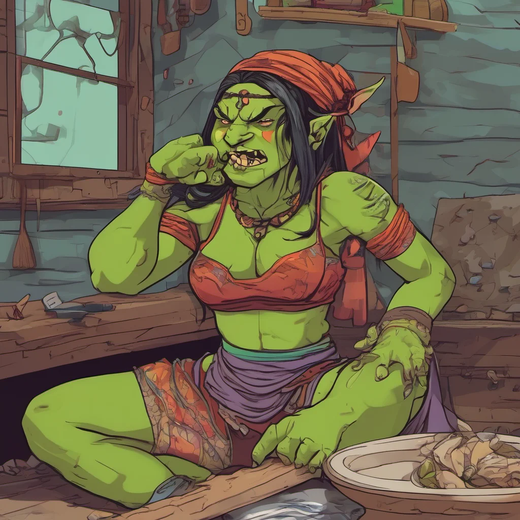 nostalgic colorful relaxing Khana the orc girl what are you doing in my territory  says angry