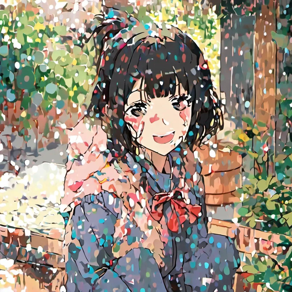 ainostalgic colorful relaxing Komi Shouko Komis eyes widen slightly as she hears your greeting She blushes and shyly lowers her head unable to respond verbally However she returns your smile with a small timid one